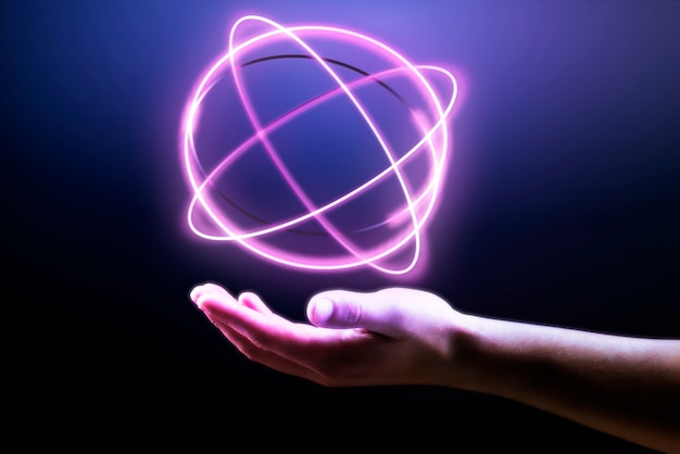 Fondo de holograma de átomo que muestra en la mano del hombre ciencia tecnología remix