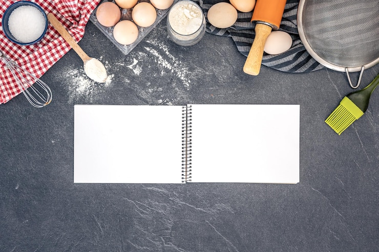 Foto gratuito fondo con ingredientes para hornear y libro en blanco ingredientes para horнеar