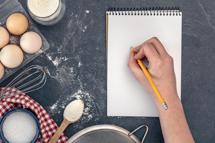Foto gratuito fondo con ingredientes para hornear y libro en blanco ingredientes para horнеar