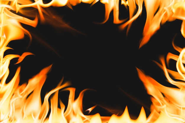Fondo de llama ardiente, imagen de fuego realista de marco naranja