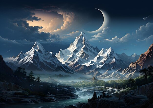 fondo de luz de luna de montaña de fantasía