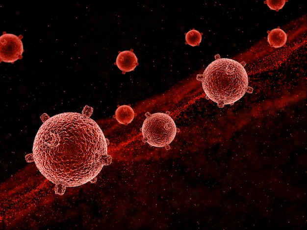 Fondo médico abstracto 3D con células virales y partículas flotantes