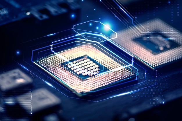 Fondo de microchip inteligente en un remix de tecnología de primer plano de placa base