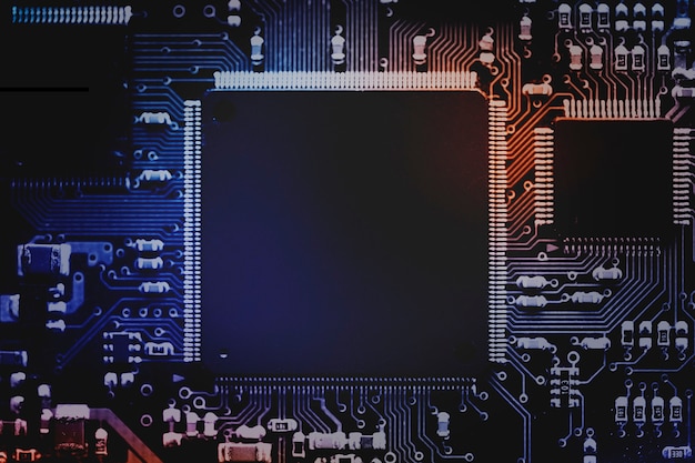 Fondo de microchip inteligente en una tecnología de primer plano de la placa base