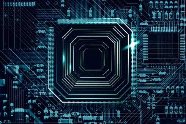 Fondo de microchip inteligente en una tecnología de primer plano de la placa base