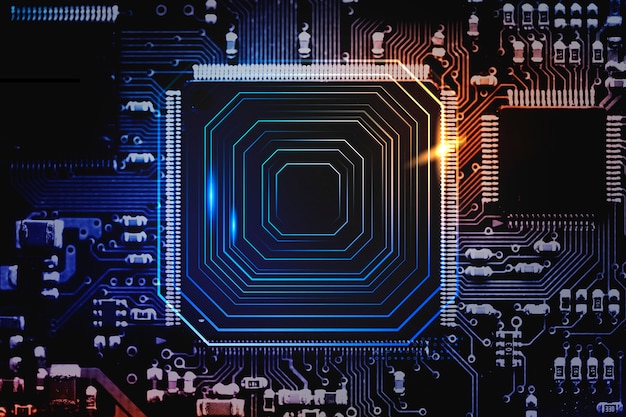 Fondo de microchip inteligente en una tecnología de primer plano de la placa base