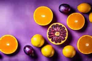 Foto gratuita un fondo morado con naranjas y frutas moradas.