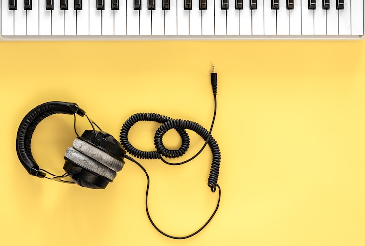 Foto gratuito fondo musical plano laico con auriculares teclas musicales.