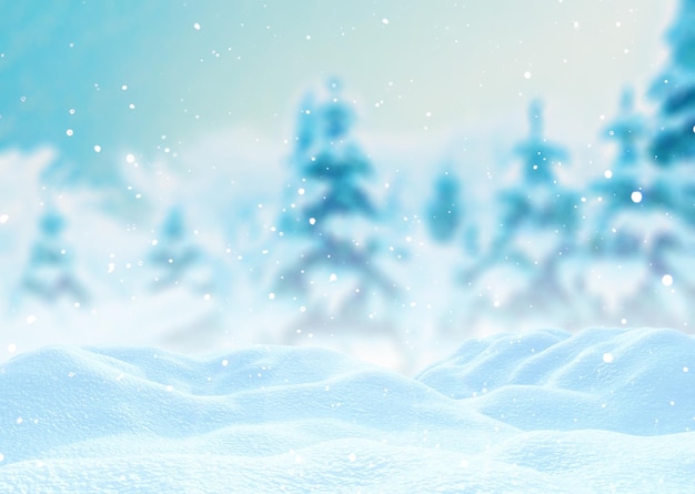 Fondo de Navidad 3D con nieve contra un paisaje invernal desenfocado