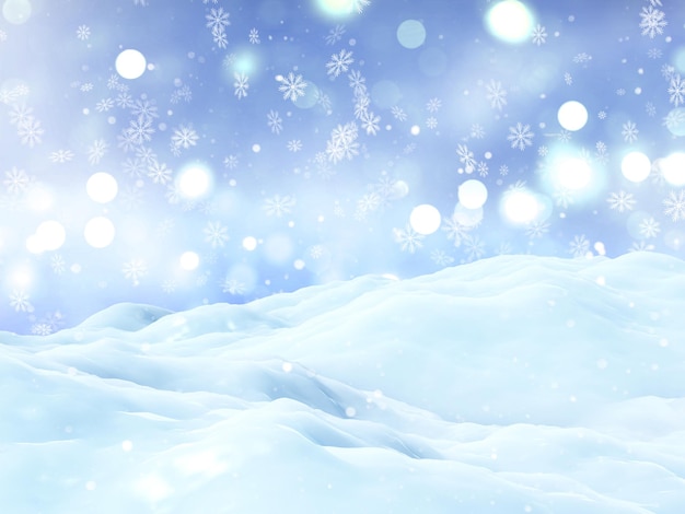 Fondo de Navidad 3D con paisaje nevado en luces bokeh