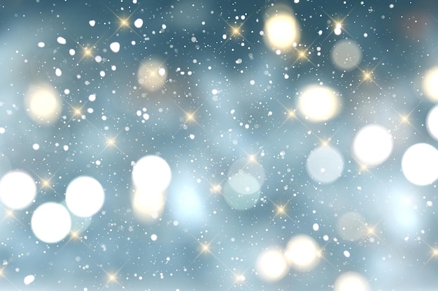 Foto gratuita fondo de navidad con estrellas doradas luces bokeh y nieve
