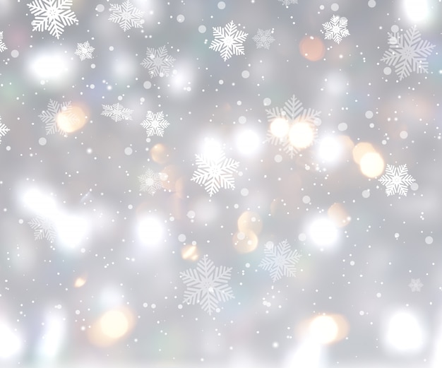 Fondo de Navidad con luces bokeh y copos de nieve