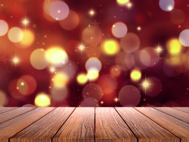 Foto gratuita fondo navideño 3d con mesa de madera con vistas a un diseño de luces bokeh