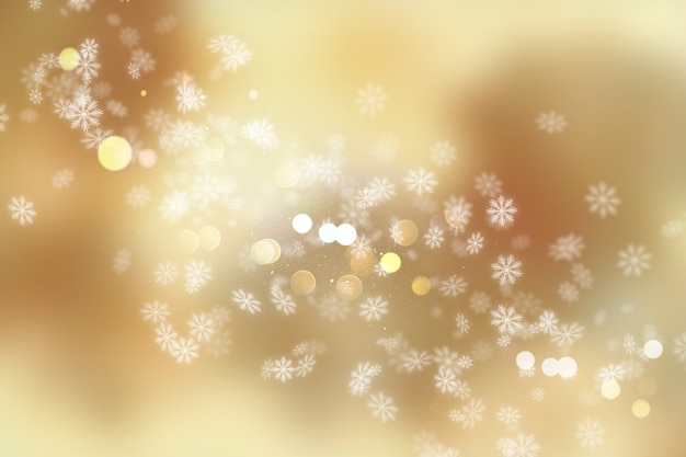 Fondo navideño de copos de nieve y luces bokeh