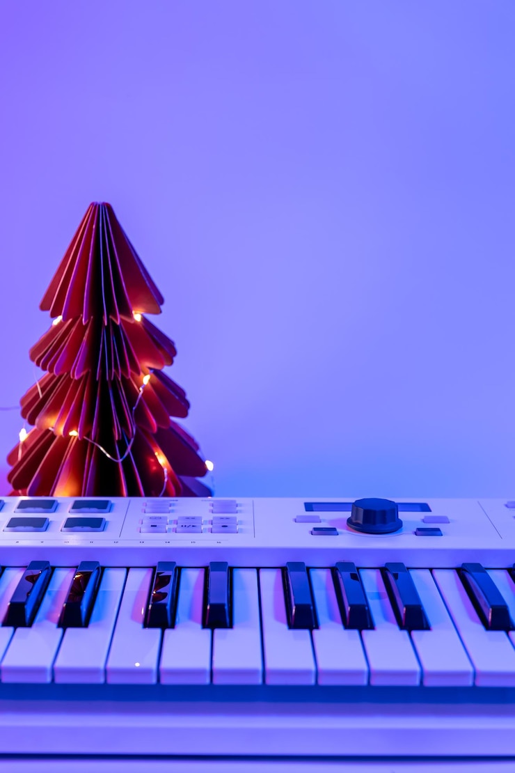 Foto gratuito fondo navideño con teclado midi y decoración navideña con luces de neón