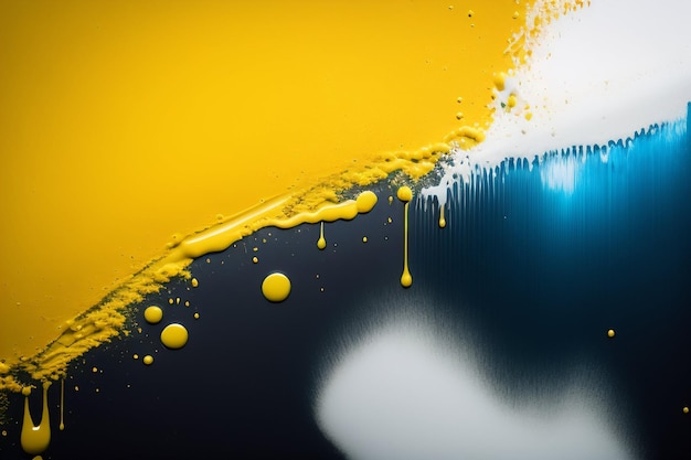 Foto gratuita un fondo negro y amarillo con una gota de pintura azul y blanca y una gota blanca de líquido.