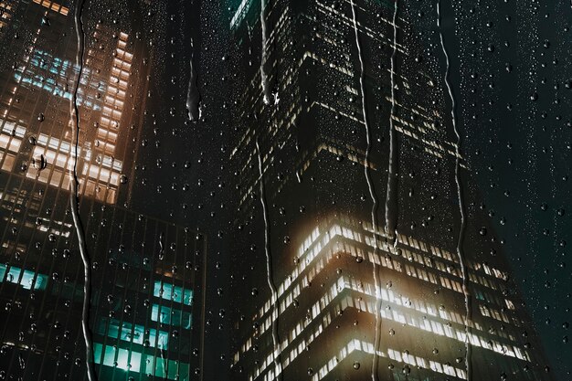 Fondo de la noche de la ciudad, ventana lluviosa con edificios de oficinas, textura de agua