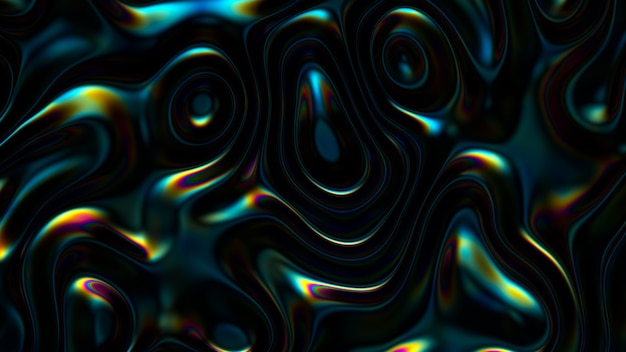 Fondo ondulado iridiscente abstracto 3D. Superficie de reflexión de líquido vibrante. Distorsión de fluido holográfico de neón