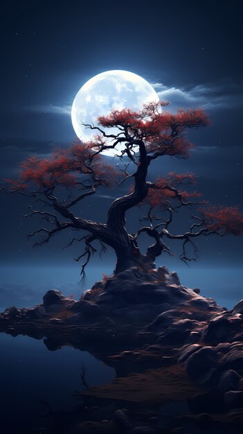 Fondo de pantalla de árbol y luna de arte digital