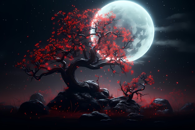 Fondo de pantalla de árbol y luna de arte digital