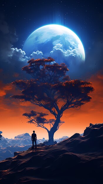 Fondo de pantalla de árbol y luna de arte digital