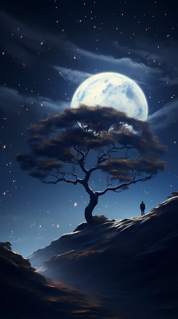 Fondo de pantalla de árbol y luna de arte digital