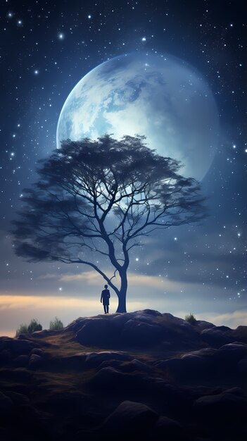 Fondo de pantalla de árbol y luna de arte digital