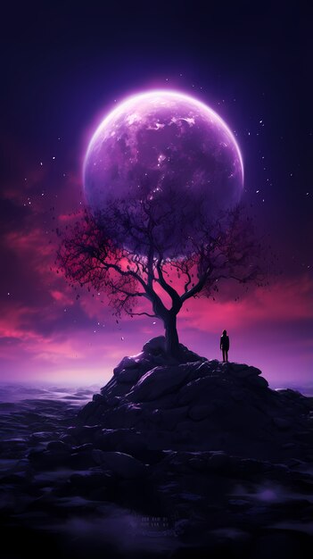 Fondo de pantalla de árbol y luna de arte digital