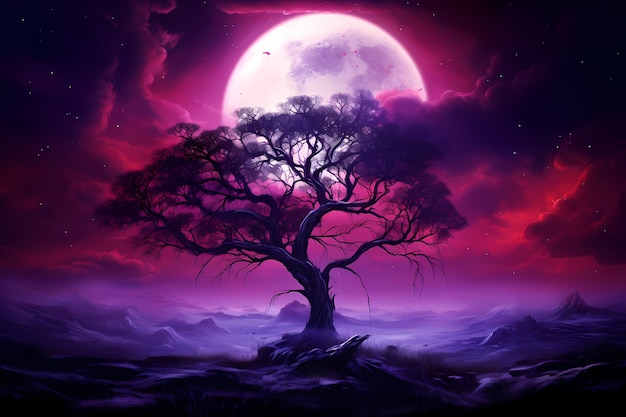 Fondo de pantalla de árbol y luna de arte digital