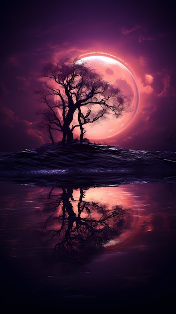 Fondo de pantalla de árbol y luna de arte digital