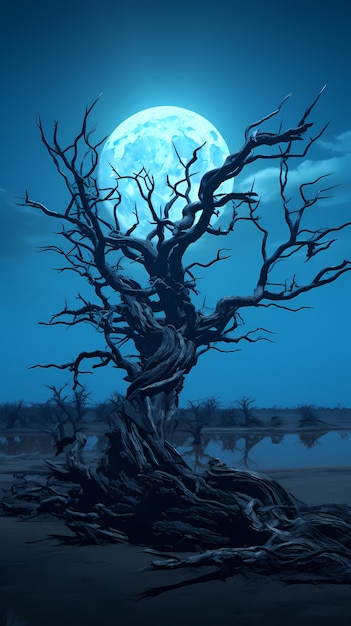 Foto gratuita fondo de pantalla de árbol y luna de arte digital