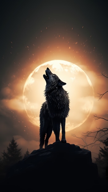 Fondo de pantalla de arte digital luna y lobo