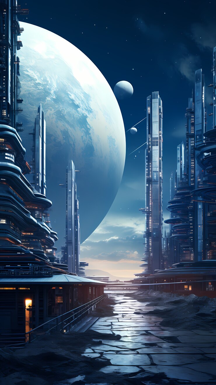 Foto gratuito fondo de pantalla de edificios y luna de arte digital.