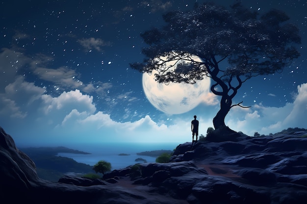 Foto gratuita fondo de pantalla de silueta de hombre y luna de arte digital