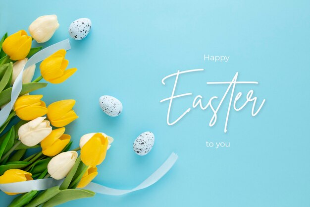 Fondo de Pascua feliz con huevos y tulipanes y letras