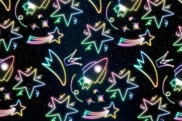 Fondo de patrón de doodle de estrella de cohete de neón