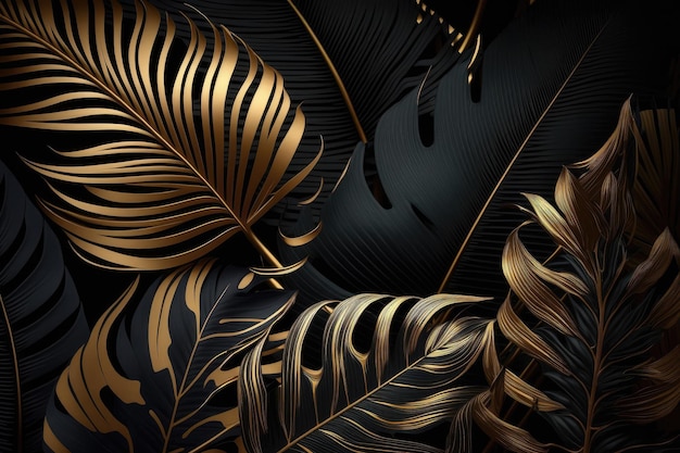 Foto gratuita fondo de patrón de hojas de palma tropical diseño de decoración de follaje de árbol de monstera dorado y negro planta con cierre de hoja exótica