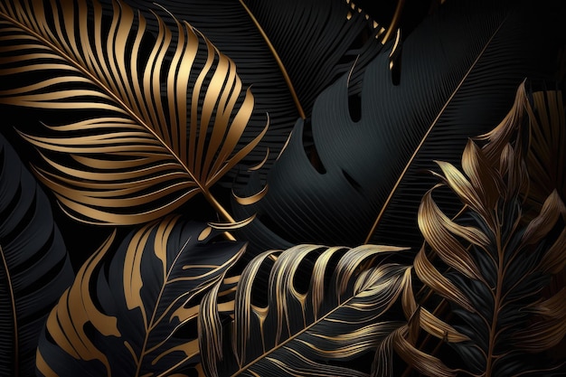 Fondo de patrón de hojas de palma tropical Diseño de decoración de follaje de árbol de monstera dorado y negro Planta con cierre de hoja exótica