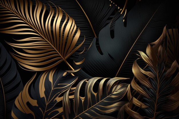 Fondo de patrón de hojas de palma tropical Diseño de decoración de follaje de árbol de monstera dorado y negro Planta con cierre de hoja exótica