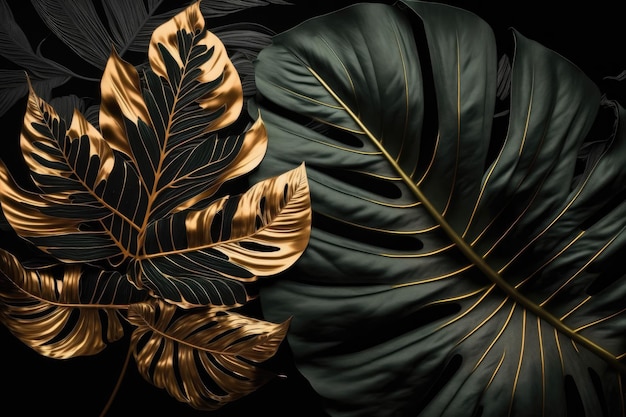 Foto gratuita fondo de patrón de hojas de palmeras tropicales diseño de decoración de follaje de árbol de monstera dorado y negro planta