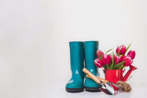 Fondo de primavera con flores y elementos de jardinería