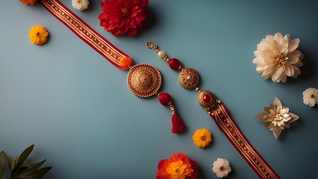 Fondo Raksha Bandhan con elegantes granos de arroz Rakhi y flores. Una pulsera tradicional india que es un símbolo de amor entre hermanos y hermanas.