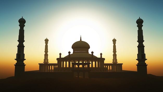 Foto gratuita fondo de ramadán 3d con mezquita contra un cielo al atardecer