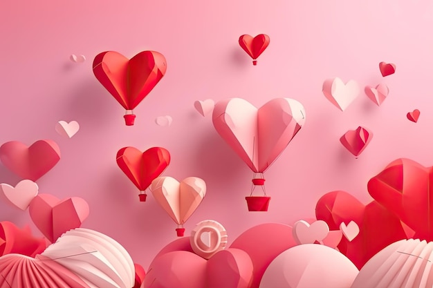 Fondo rojo con globos de corazones y paquetes de regalo con espacio de copia Ai generativo