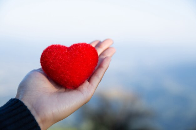 Fondo rojo de la naturaleza del corazón a mano en concepto del amor y de la paz