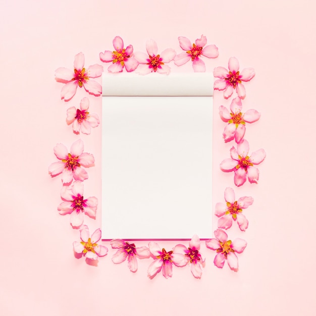 Fondo rosa con cuaderno alrededor de flores