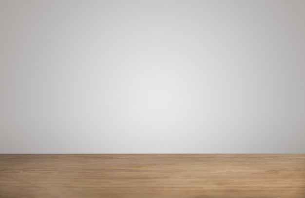 Fondo simple con mesa de madera gruesa vacía en cafetería y pared blanca en blanco