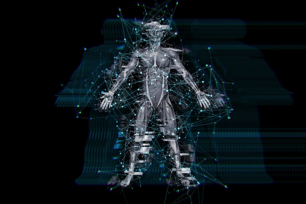 Fondo de tecnología digital 3D con efecto de falla en figura médica masculina