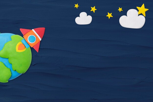 Fondo de textura de cohete espacial en artesanía de arcilla de plastilina azul para niños