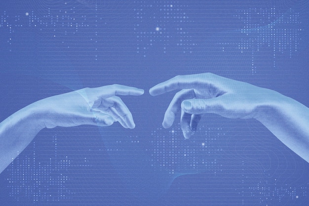 Fondo de transformación digital AI en azul con manos robóticas remezcladas de medios